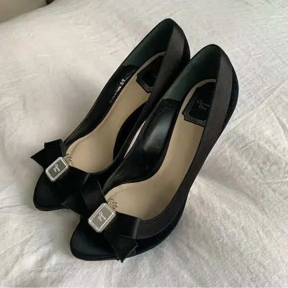 Vintage Christian Dior Logo Mirror Bow Ribbon Velvet Peep Toe Pumps Heels Black - Picture 3 of 11